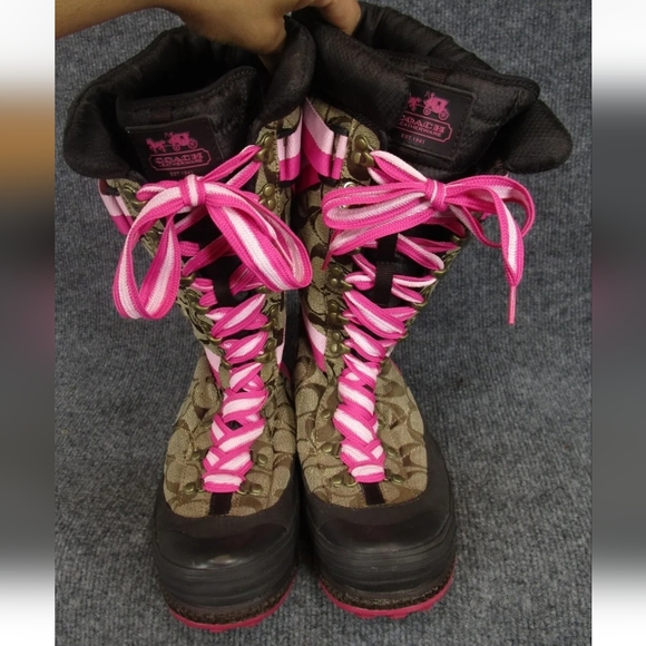 Coach Marian Signature Logo Khaki Rare Pink Trim Lace-Up Mid-Calf Snow Boot 9M - Picture 10 of 16